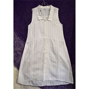 Tulip Womens Sz Med 100% Cotton White Red Pinstriped Lagenlook Collared Dress